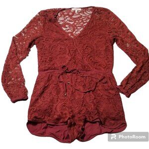 Lace Romper Lined V Neck Pockets Cranberry Red Long Sleeves Coquette Festival